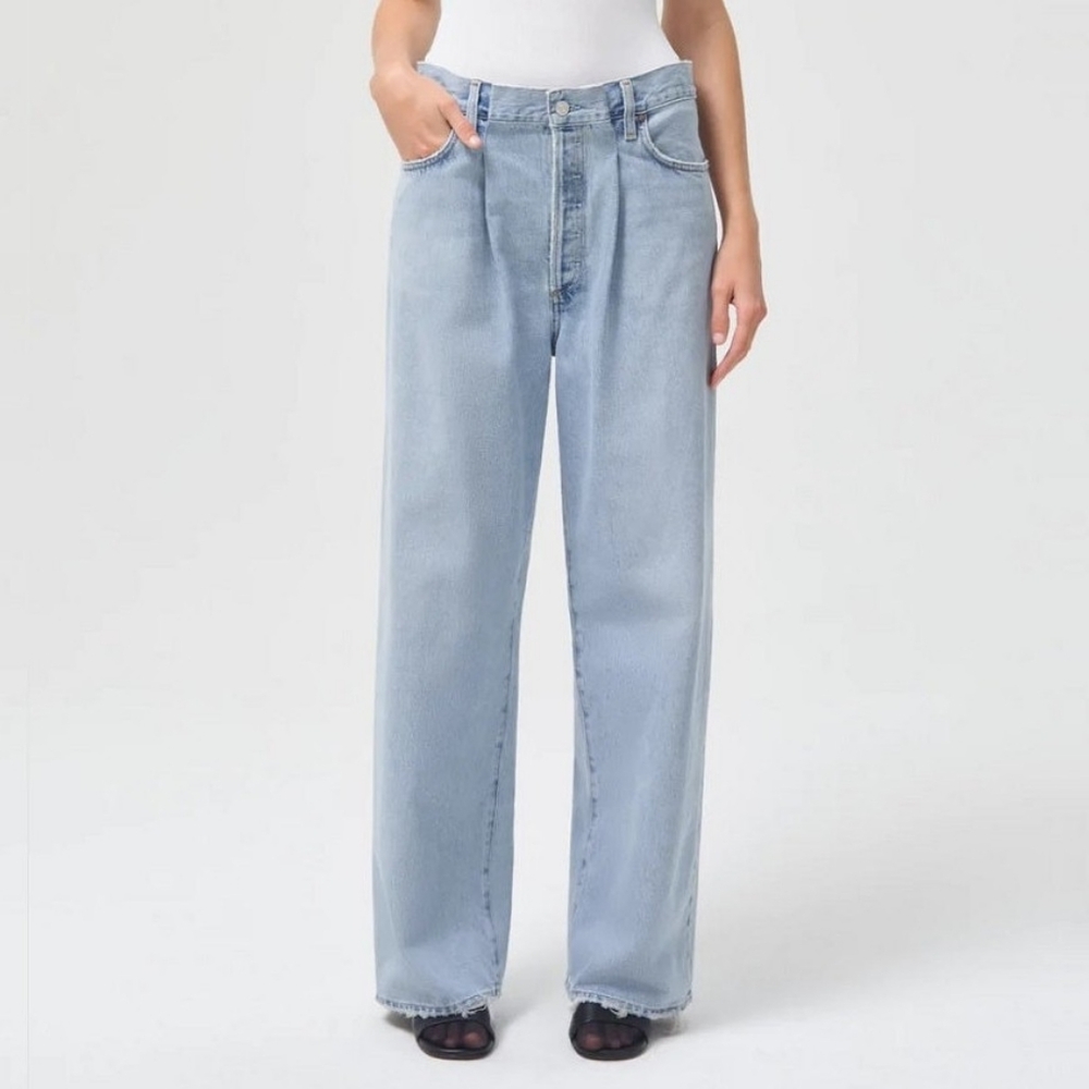 Agolde Dax Upsized Pleated Wide Baggy Jeans in Sideline (Blue), Size 23 Oversize